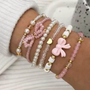 Fashionable and Cute Pink Glass Artificial Pearl Alloy Bead Bracelet 6 piece Set for Women