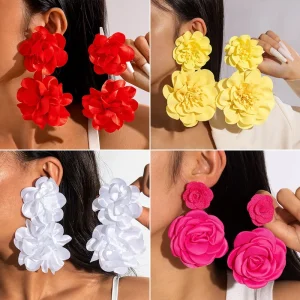 Fashionable and Exaggerated Multi color Alloy Fabric Flower Earrings for Women