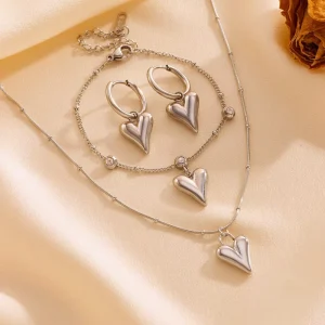 Fashionable and Sweet Stainless Steel Round Bead Good Luck Heart Solid love Pendant Earring Bracelet Anklet Necklace Set