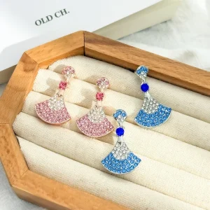 Fashionable and Versatile Double layer Pink Blue Fan shaped Alloy Rhinestone Gradient Earrings