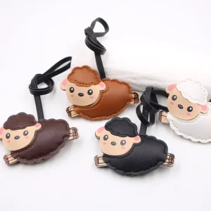Faux Leather Cartoon Sheep Bag Charm Hand Stitched Flat Lamb Pendant With Black Leather Strap Cute Animal Luggage Decor Hanging