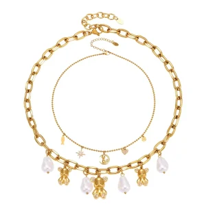 Faux Pearl Bear Pendant Necklace Stainless Steel with Zirconia Stackable Jewelry for Women