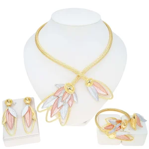 Female 24K Gold Plated Flower Jewelry Set Brazilian High Quality Earrings Necklace Bracelet for Gift