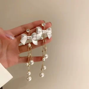 Female Bow Knot Earrings Fine Jewelry Light Luxury Faux Pearl Tassel Earrings
