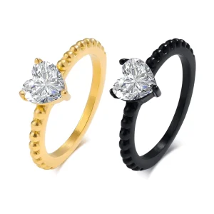 Female Fashion Ring in Stainless Steel with Heart Shaped Zircon Trendy Three Color Casting for Weddings and Engagements