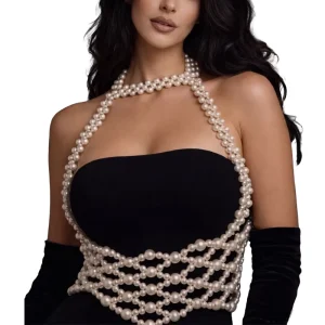 Female Wedding Party Festival Outfit Bridal Body Chain Harness White Pearl Beaded Crop Top Pearl Halter Top
