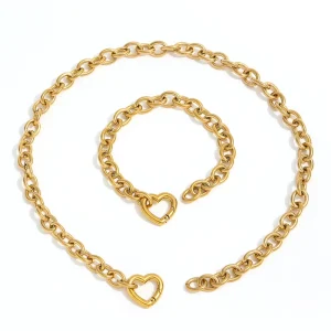 Fenny 18K PVD Plated Waterproof Fashion Chunky Chain Heart Pendant Stainless Steel Necklace for Women Bracelet Set