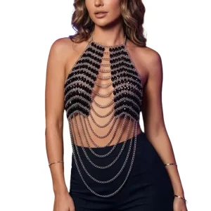 Festival Nightclub Rave Cami Multi Layer Tassel Club Party Top Women Crystal Body Chain Vest Black Halter Crop Top
