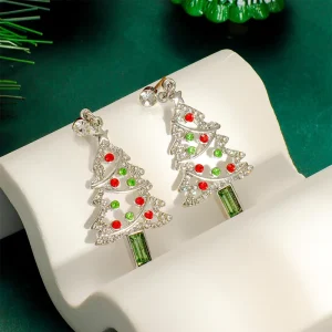 Festive Earrings with Gold Christmas Tree Design and Colorful Crystal Details Elegant Lightweight Earrings for Fashion Jewelry