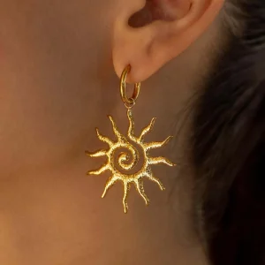 Fine 18K Gold Plated Hammered Spiral Sun Fashion Pendant Earrings for Women Waterproof Stainless Steel Jewelry Gift