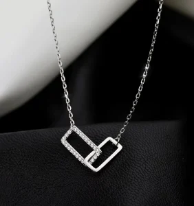 Fine 925 Sterling Silver Women Fashion Double square Shape Pendant 18k Gold Necklace for Gift