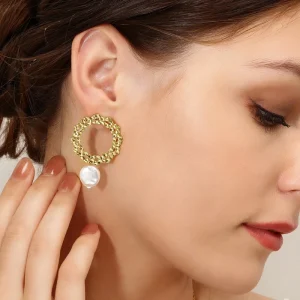 Fine Fashion Jewelry Earrings Gold Plated Stainless Steel Round Hoop and Baroque Pearl Drop Earrings for Women