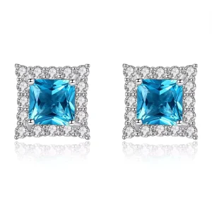 Fine Jewelry 925 Sterling Silver Square Shape Diamond Women Fashion Simple Gemstone Stud Earrings