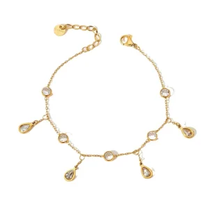 Fine Jewelry Iced Out Cubic Zirconia CZ Waterdrop Anklet Body Jewelry Stainless Steel Rhinestone Crystal Gold Plated