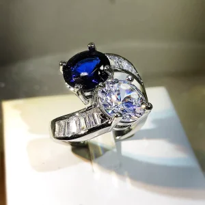 Fine Jewelry KYRA01645 Geometric Shine Blue Zircon Resizable Female Ring Party Jewelry for Women