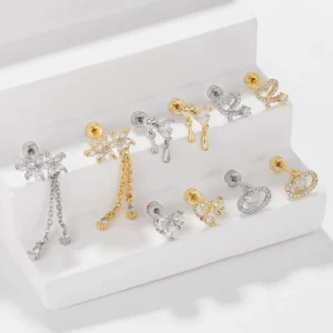 Fine Piercing Body Jewelry Titanium 18K Gold Plated Studs Earring Labret Heart Shaped Unisex Fashion Jewelry for Daily