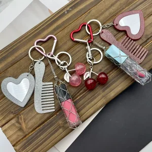 Fine Sparkling Cherry Comb Pendant Stainless Steel Keychain Portable Lipstick Mesh Bag