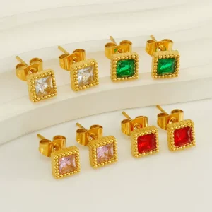 Fine Stainless Steel Diamond Stud Earrings Simple Versatile Square 18k Gold Charm Studded Earring for Daily Jewelry Decoration