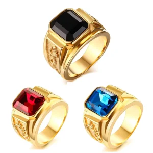 Finger Ring Jewelry Stainless Steel Custom Gold Plated Square Rhinestone Stone Men Black Ring
