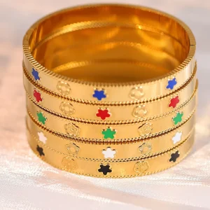 Five Leaf Flower Charm 18K Gold Plated Turquoise Stainless Steel Cuff Bangles Jewelry Women Non Color Changing