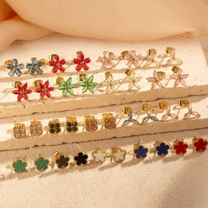 Five Leaf Flower Zircon Stud Earrings Stainless Steel 18K Gold Plated Waterproof Hypoallergenic Women Jewelry