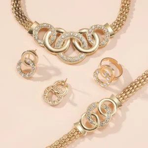 Five Piece Exquisite Women’s Fashion Jewelry Set Gorgeous Rhinestone Cross Ring Necklace Earrings Bracelet Mainly Made of Alloy