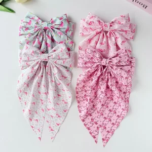 Flamingo Print Bow Hair Clip for Women Girls Large Ribbon Bowknot Hair Barrette Ponytail Hairpin Sweet Cute Pink Hair Accessory