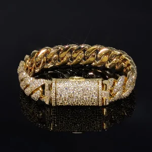 Flip Clasp 14mm Zircon Tungsten Electroplated Cuban Chain Bracelet for Men