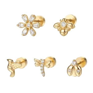Floral Bee Butterfly Dragonfly Bird Ladybug Stud Earrings Gold-Plated 925 Sterling Silver Cubic Zirconia