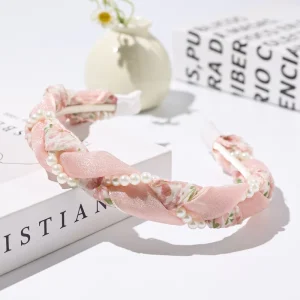 Floral Braided Headband for Women Elegant Pearl Embellished Chiffon Hair Hoop Sweet Vintage Hair Accessories for Daily Wear