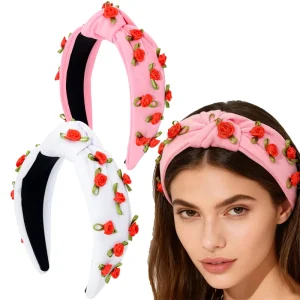 Floral Knotted Headbands with Red Roses Pink & White Hair Hoops Women’s Hair Accessories