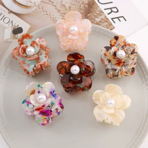 Floral Pearl Acetate Hair Claw Clips Elegant Floral Accessories for Women Strong Hold Rhinestone Clips