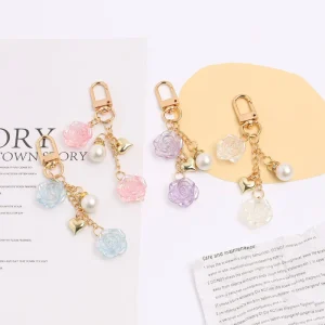 Floral Rose Bag Charm Pearl Heart Beads Keychain Handbag Pendant Pouch Zipper Ornaments Versatile Hanging Accessories