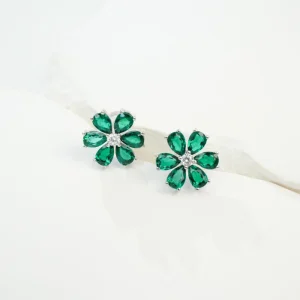 Floral designed Emerald inlaid Electroplated 925 silver Stud Earrings Women Niche Best selling Princess style Cute