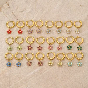 Flower Birthstone Earrings Stainless Steel Hoop Earrings 18K Gold Plated