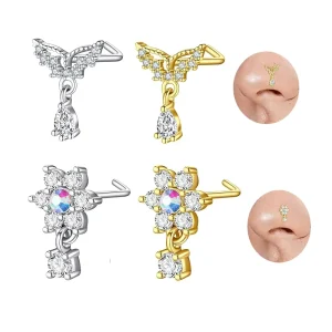 Flower Dangle Nose Stud Ring L Shaped Stainless Steel Nose Piercing Body Jewelry for Women Men