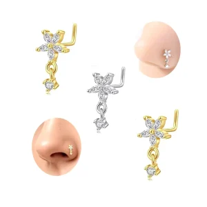 Flower Dangle Nose Stud Ring L Shaped Stainless Steel Nose Piercing Body Jewelry for Women Men
