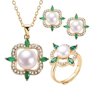 Flower Design 18K Gold Plated Freshwater Pearl Jewelry Set