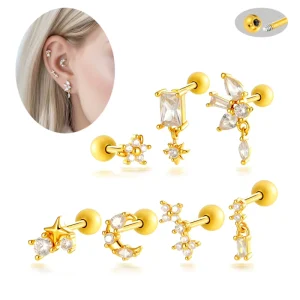 Flower Design Cartilage Earrings Externally Thread Zircon Piercing Jewelry Earlobe Dangle Tragus Helix Stud Earring