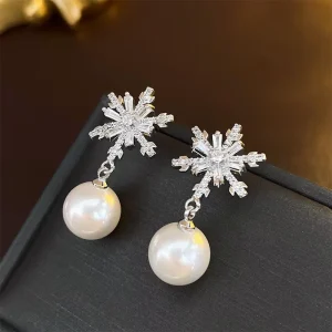 Flower Design Cubic Zirconia Pearl Earrings Women Wedding Engagement Fashion Jewelry Silver Plated Drop Earrings