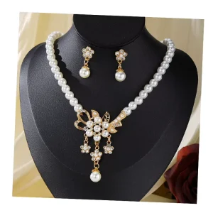 Flower Design Pearl Earrings Necklace Jewelry Set for Women