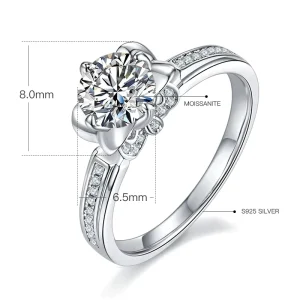 Flower Moissanite Women’s Pave Setting Rhodium Plated Wedding Ring S925 Sterling Silver Colorful Gemstone 0.5 1 Carat