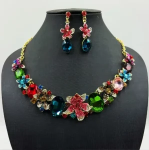 Flower Necklace Earring 3 Piece Jewelry Set Retro Crystal Colored Banquet Accessory Set