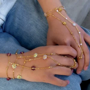 Flower Pearl Bead Finger Ring Bracelet 18k Gold Plated Hand Chain Finger Ring Bracelet Stainless Steel
