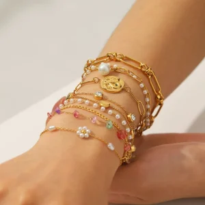 Flower Pearl Peach Heart Love Stacked Charm Bracelet Stainless Steel Gold Plated Multi Layer Hand Women’s Wedding Jewelry