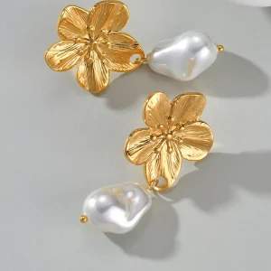 Flower Pearl Pendant Earring 18k Baroque Chunky Pearl Delicate Design Drop Earring