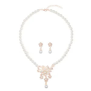 Flower Shaped Pearl Necklace Earrings Set Fashion Jewelry Set for Women Girls
