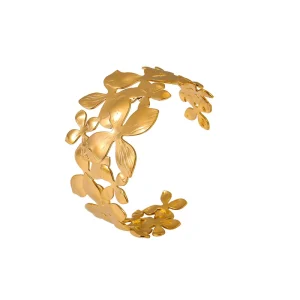 Flower Wide-open Bangle Women’s Stainless Steel PVD Plated with Real Gold