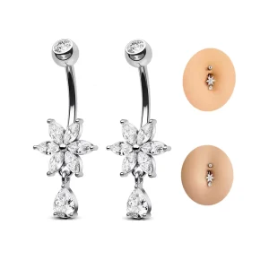 Flower Zirconia Dangle Belly Button Rings Stainless Steel Navel Piercing Jewelry