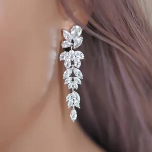 Flowers Design Cubic Zirconia Long Hanging Earrings for Bride Wedding Fashion Jewelry Pendant Earrings Women